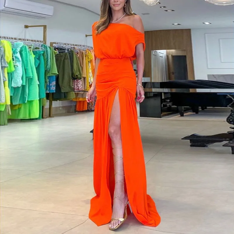 

Women's sexy diagonal collar slimming high waisted slit dress