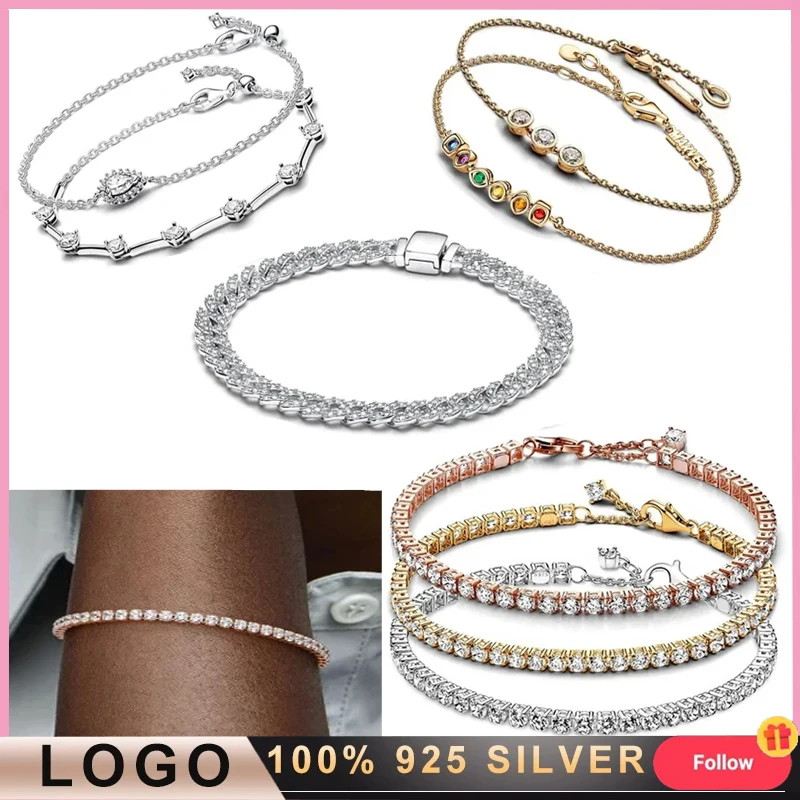 New Women's Original Logo Shiny Densely Inlaid Tennis Logo Bracelet 925 Sterling Silver DIY Charming Jewelry Gift new women s original logo shiny densely inlaid tennis logo bracelet 925 sterling silver diy charming jewelry gift