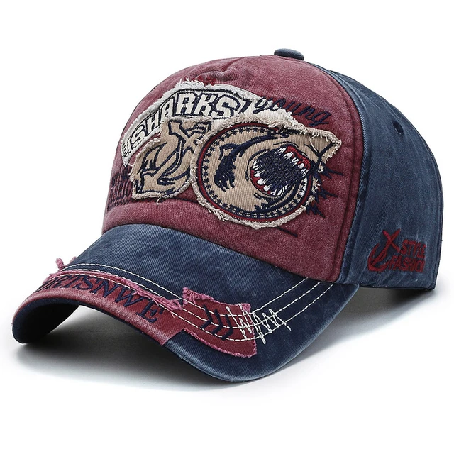 Hot Sale Unisex Washed Cotton Vintage SHARKS Embroidery Baseball Cap Men And Women Outdoor Sports Hats_autovado.com