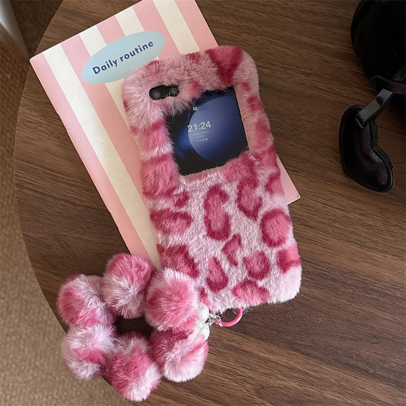 Leopard Print Fluffy Plush Wrist Strap Phone Case with Shockproof Protection