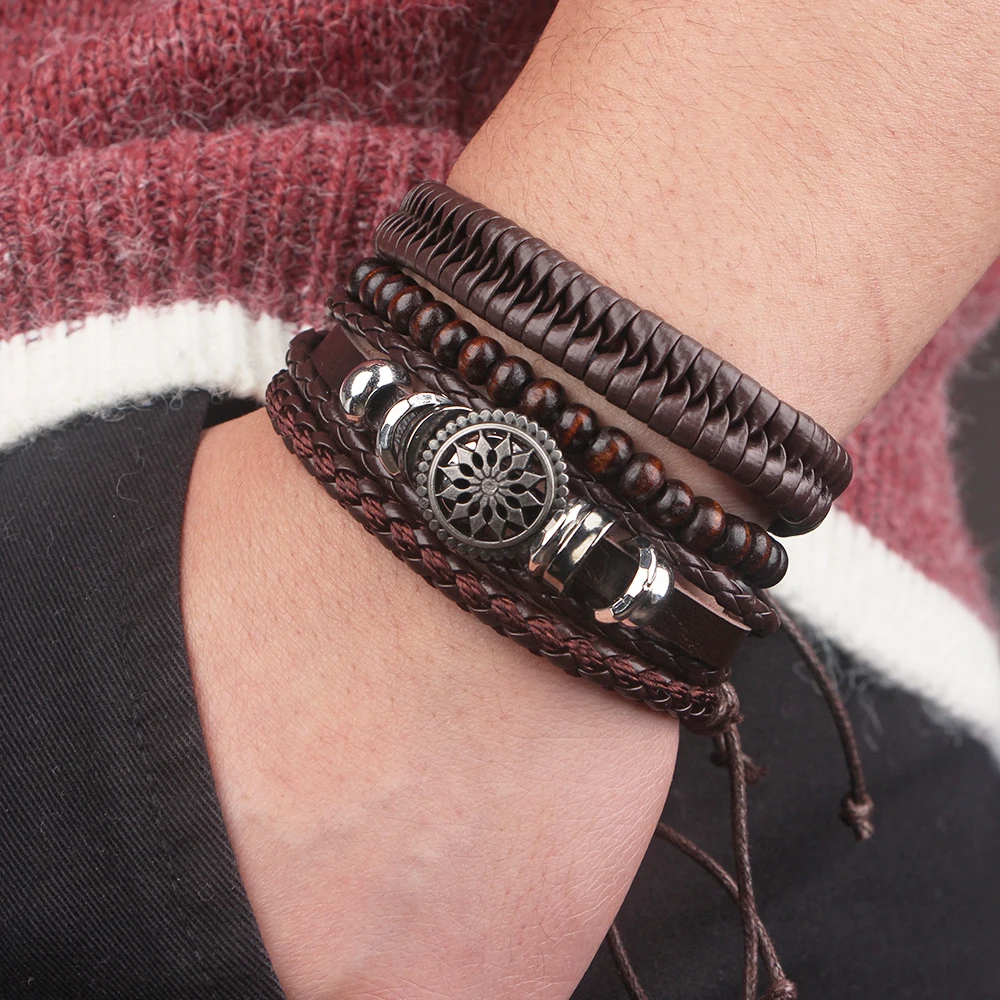 4PsSetEthnicVintageLeatherBraceletsforMenWrapLifeTreeRudder