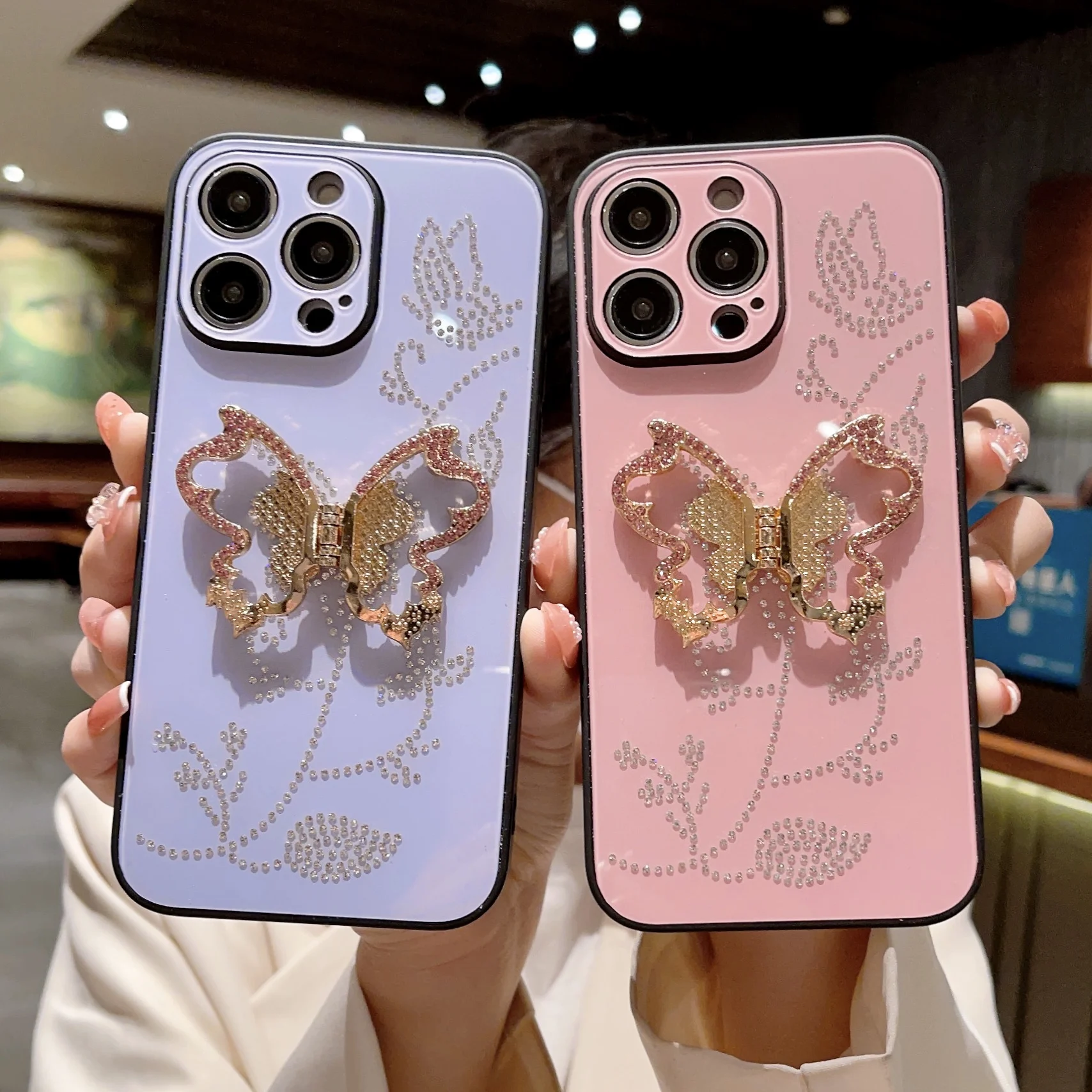

Cute Diamond 3D Metal Butterfly Wings Holder Phone Case For iPhone 14 Pro Max 13 12 Bling Bracket TPU Cover Fine Camera