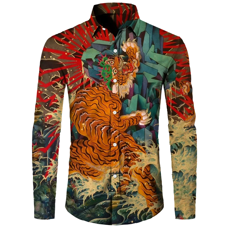 

3D Printed Tiger Men's Turn-down Collar Button Shirt Chinese Style Vintage Long Sleeve Tops Hawaii Party Streetwear Shirts Tees