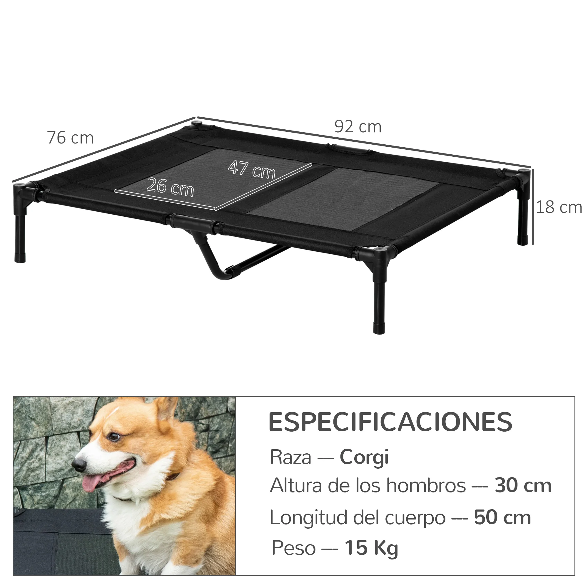 Letto rialzato PawHut per cani all'interno e all'esterno 92x76x18 cm nero - immagine 3