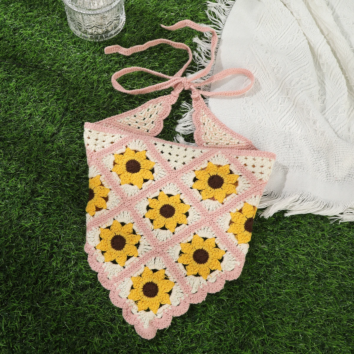 Knitted Sunflower Triangle Scarf Bandana Headbands For Women Flower Crochet Beach Holiday Travel Hair Bands Turban Kerchief