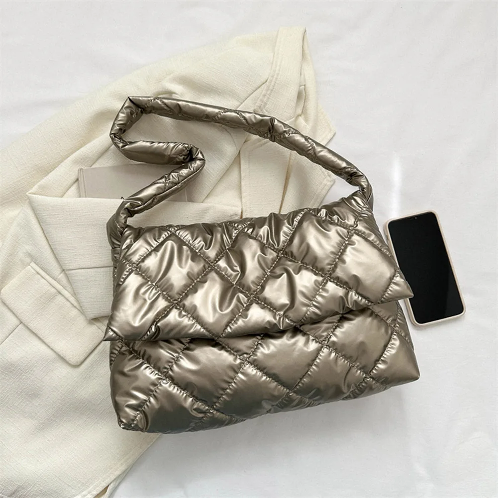 Winter Women Puffer Tote Bag Cotton Down Padded Shoulder Bags Quilted Handbag Purse Pleated Nylon Shopper Messenger Bag 2023 New