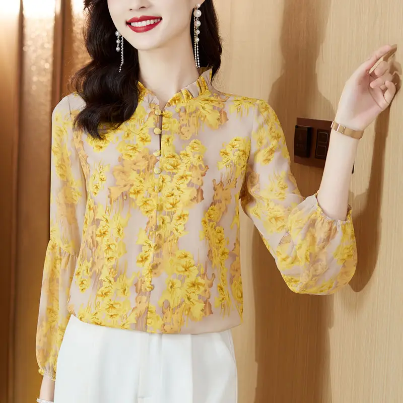

French Elegant High grade Floral Shirt Blouse Women 2023 Autumn New Fashion Top Lantern Sleeve Wooden Ear Shirt Blouse Female