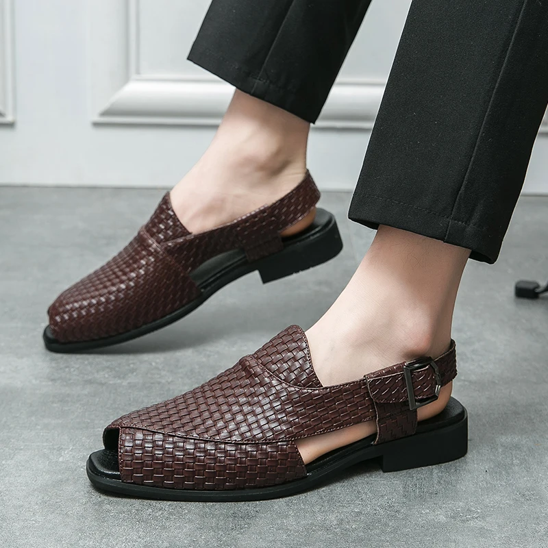 Italian Style Fashion Solid Color Leather Sandals for Men Business Dress Sandals Handmade Comfort Shoes Men Sandalias Breathable