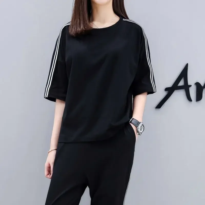 Women Sports Suit Autumn Fashion Loose Half Sleeve Ankle-length Pants Two-piece