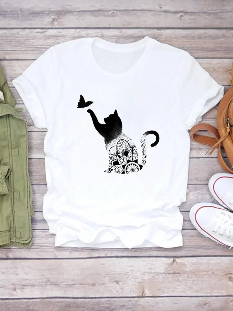 

Cat Butterfly Lovely Style Cartoon Summer Clothing Graphic T Top Lady Print Tee Women Casual Fashion Tshirts T-Shirt