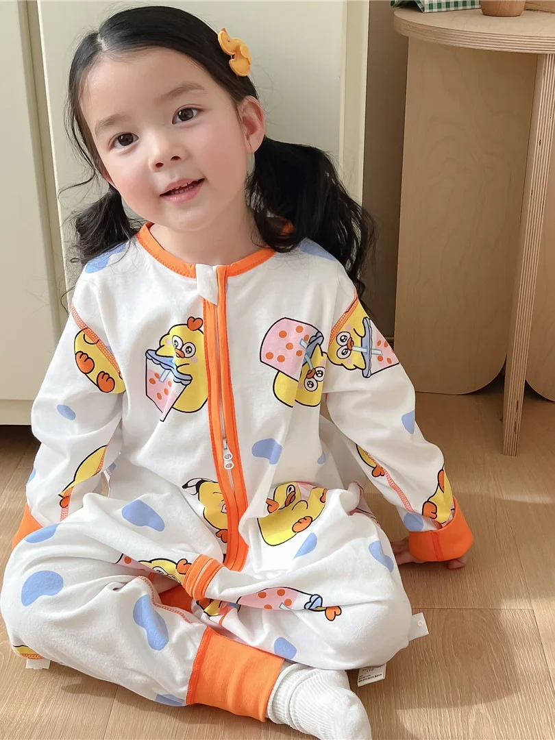 순면 아동 수면복 봄 다리 분리형 안티킥 싱글 레이어 롬퍼 홈웨어 사계절 따뜻한 잠옷