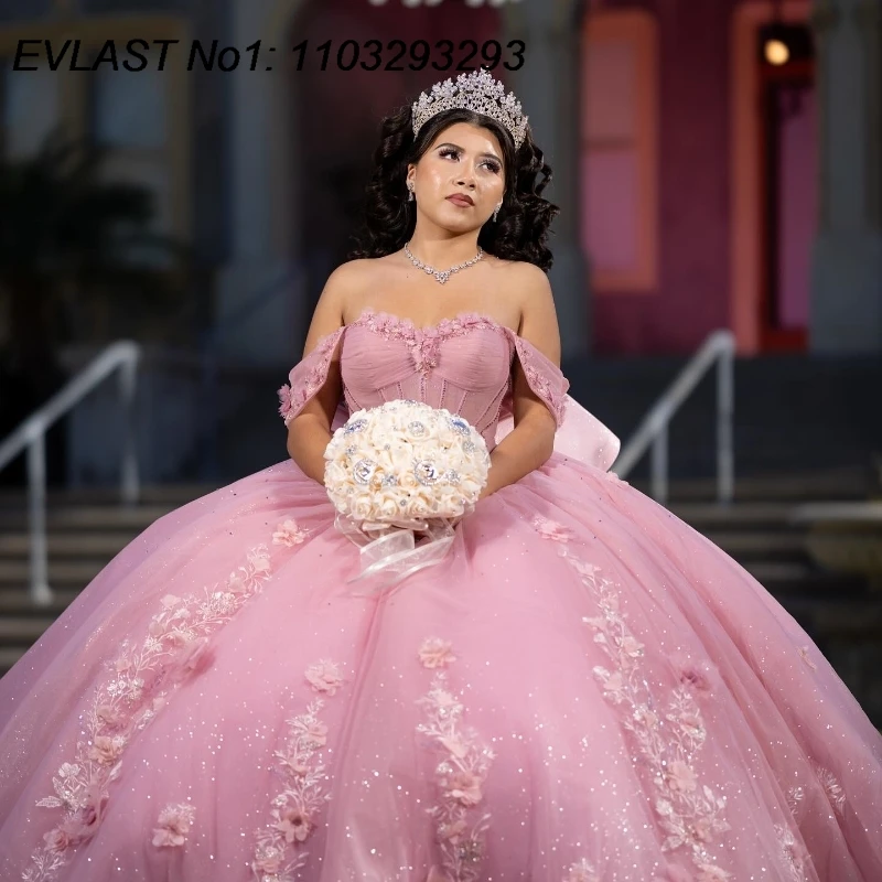Pink Flowers Ball Gown Quinceanera Dress Applique Beading Bow Corset Sweet 16 E1Q591