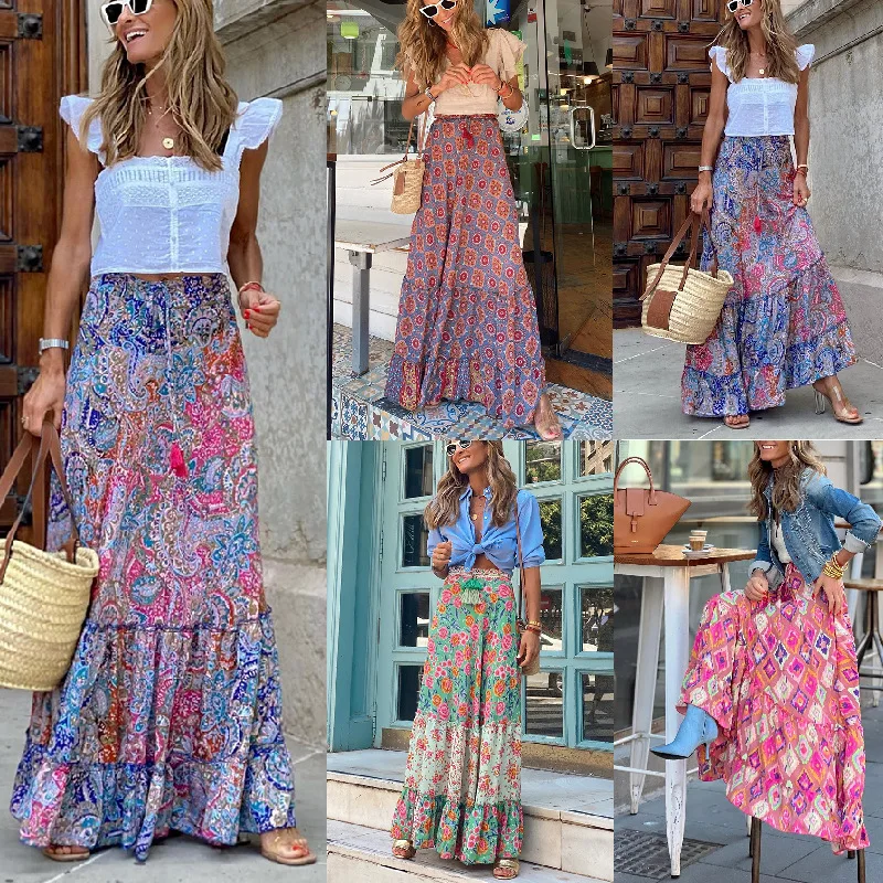 

Summer street temperament women's printed cashew nut long skirt ruffled skirt skirt, y2k skirt