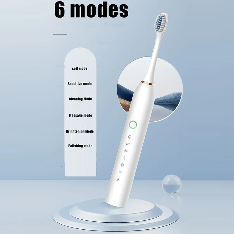 X2 소닉 전동 칫솔 6 모드 성인 타이머 치아 미백 브러시 6 모드 USB 충전식 칫솔 교체 헤드