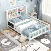 Full Bed with 2 Storage Drawers,w/Bookcase Headboard & Blackboard,Wooden Slats Support,Full Size Bed Frame 1