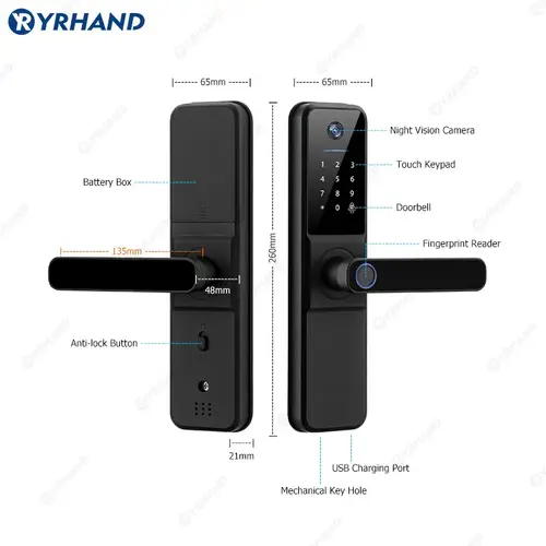 YRHAND H01 Fechadura Eletronica Tuya Wifi Digital Electronic Smart Door Lock With Biometric Camera Fingerprint IP66 Smart Lock - Image 5
