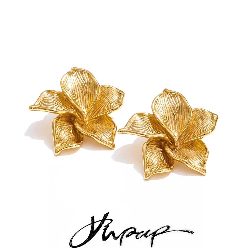 Yhpup 2025 Stainless Steel Metal Flower Stud Earrings Waterproof 18K PVD Plated
