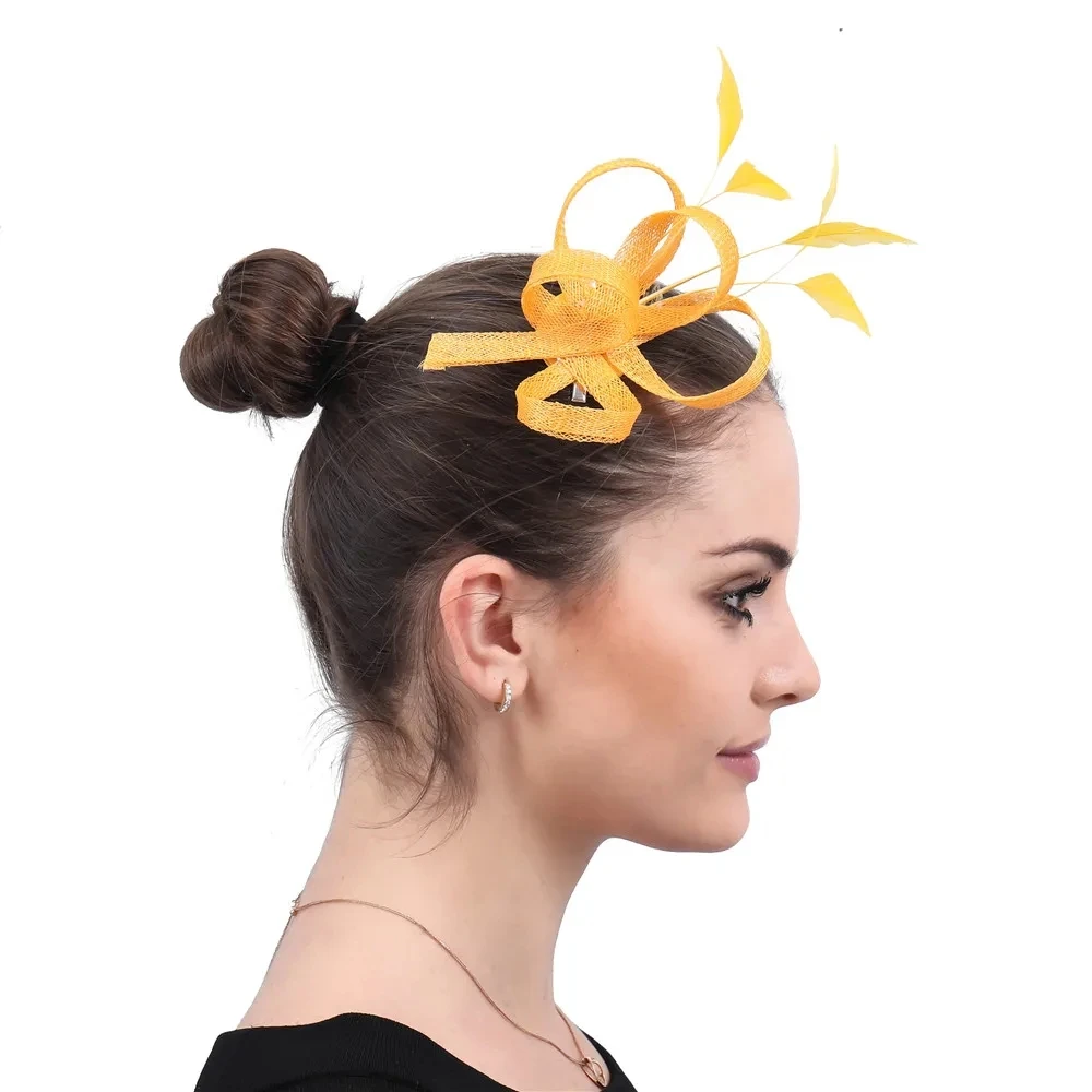 

Gold Sinamay Hair Fascinator Hat With Hair Clip Elegant Women Ladies Show Race Party Headwear Fancy Feather Formal Dress Lady