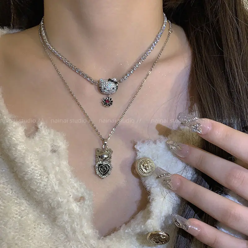 

Kawaii Sanrio Anime Hello Kitty Silver Necklace Cute Cartoon Niche Sweet Lovely Hottie Flower Cool Clavicle Shimmer for Girls