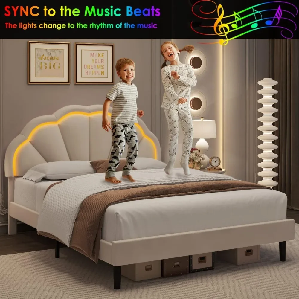 Upholstered Smart LED Bed Frame with Adjustable Chic Petal Headboard, Soft Princess Size Platform Bed Frame for  bedframe 3