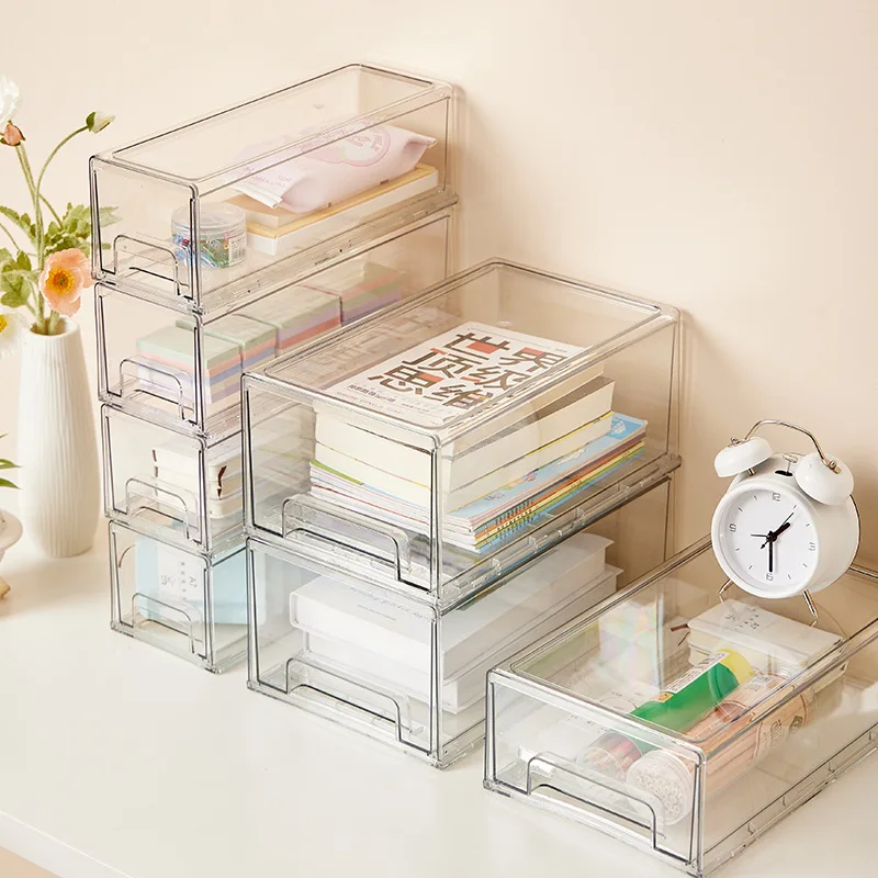 Stackable Transparent Desktop Drawer Type Storage Box Mini Cosmetic Storage Organizer Sundrie Holder Home Office