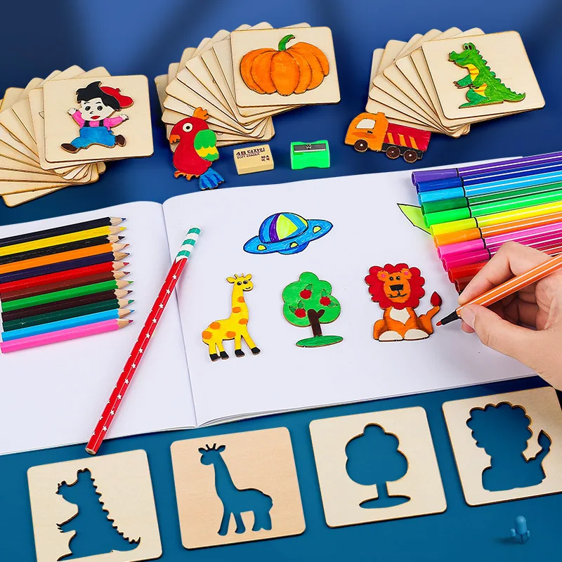 Dzieci Montessori rysunek zabawki 20/32Pcs szablony ręcznie malowany obrazek szablon drewniany Puzzle zabawki zabawki edukacyjne dla dzieci