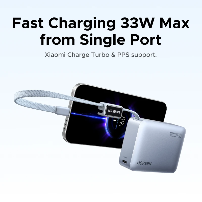 【CCC】UGREEN Mini 33W 10000mAh Power Bank כבל מובנה מסוג C PD 30W מטען תואם לסוללה חיצונית של Xiaomi 33W