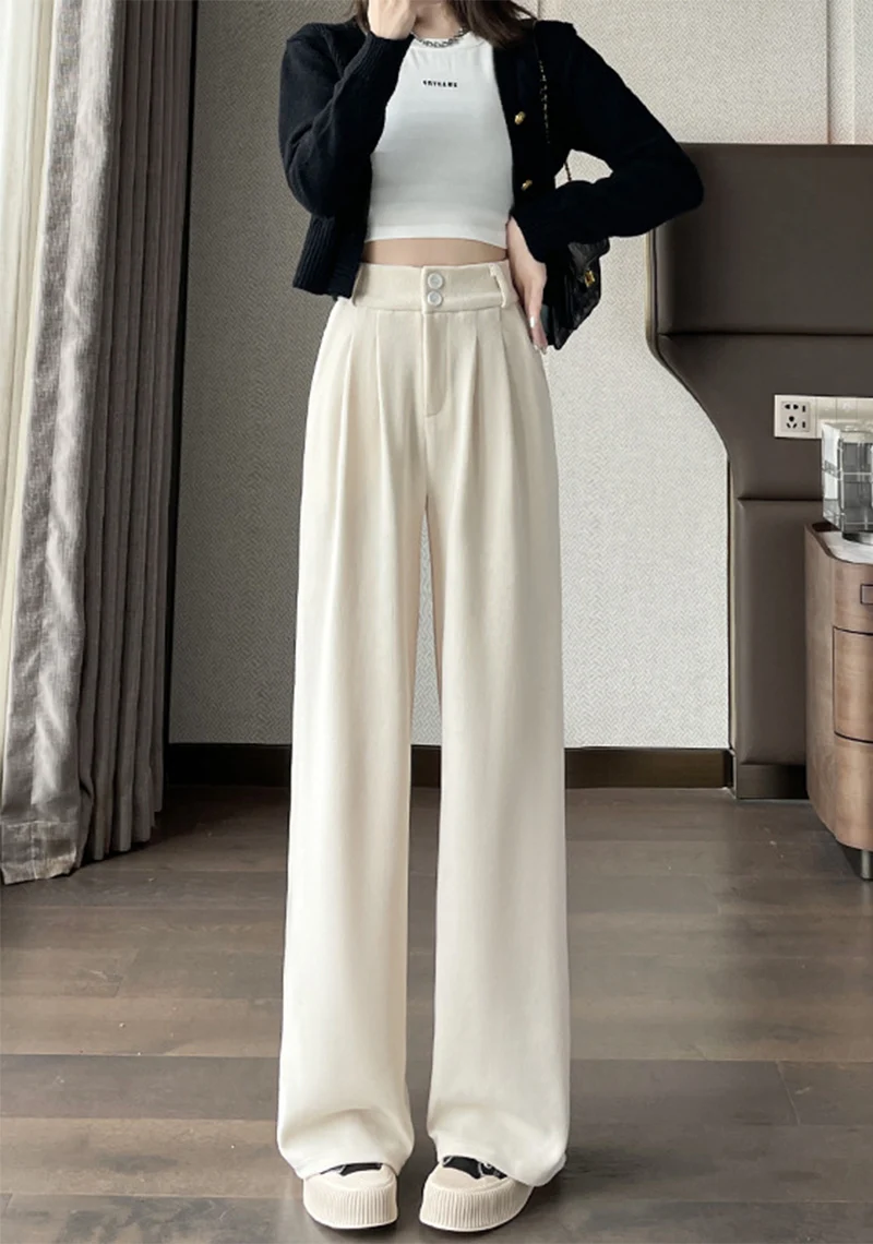 Winter Solid Color Plus Fleece Straight Pants Women Double Buttons Thicken Warm Corduroy Trousers Casual Comfortable Plush Pant