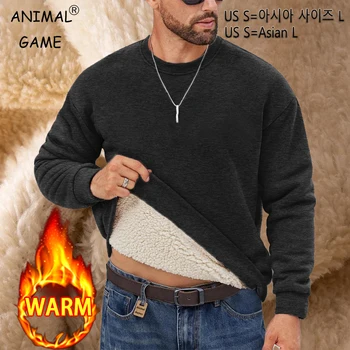 Animal Game Men Fleece Sweatshirts Long Sleeve Pullover Slim Fit Male Clothing Sherpa Lined Streetwear Thermal Winter Shirts