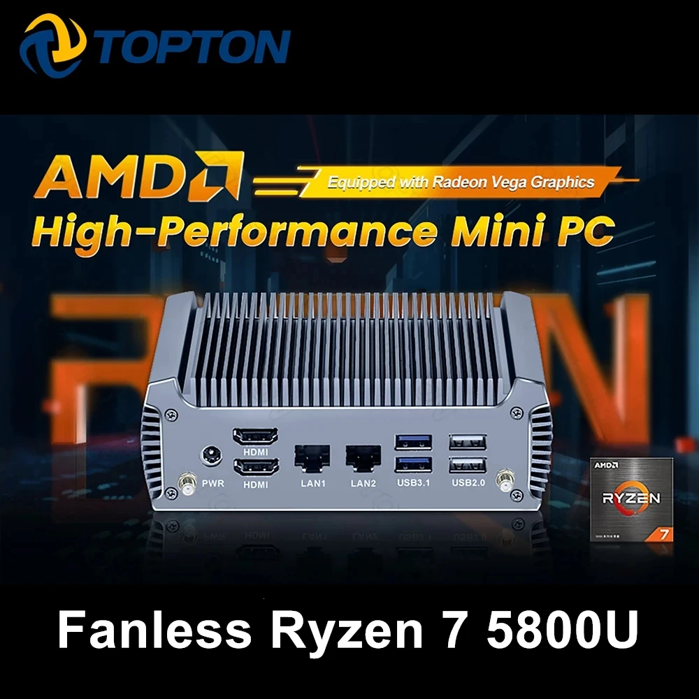 Topton FU02 Fanless Gaming Mini PC AMD Ryzen 7 7730U 8 Core 16 Threads Barebone PC 2 LANs Router Computer Windows 11 2x4K WiFi6 3