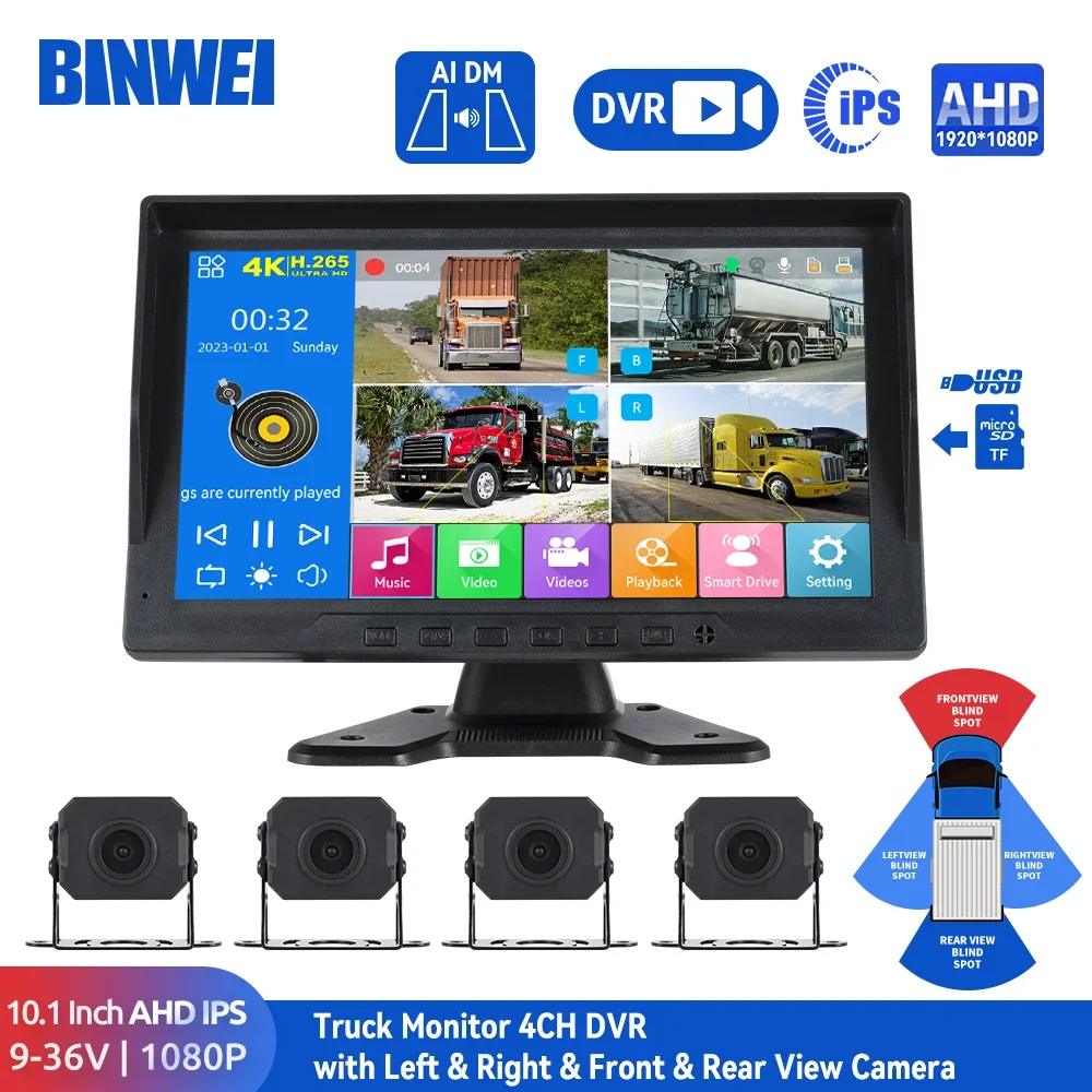 

Видеорегистратор BINWEI, 10,1 дюйма, 4 канала, AHD 1080P, ночное видение