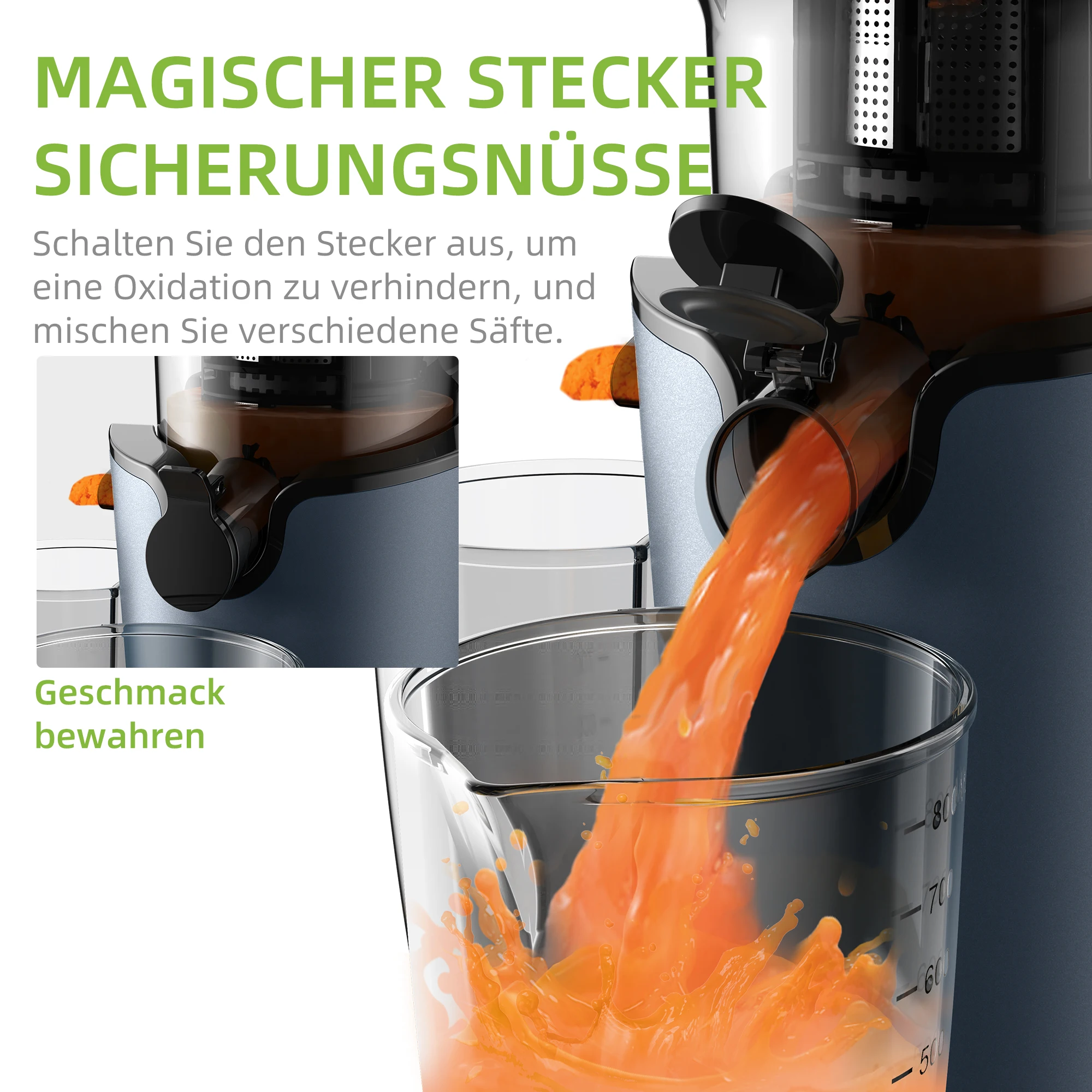 BioloMix Kaltpress-Entsafter, 200 W, langsam kauender Extraktor mit 78 mm breitem Einfüllschacht für ganzes Obst und Gemüse – Detail 4