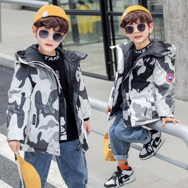 

Winter Kids Windbreaker Clothes Teenage Warm Hooded Outerwear Boys Girls Camo Charge Coat Children Snowsuit Toddler Down Jacket