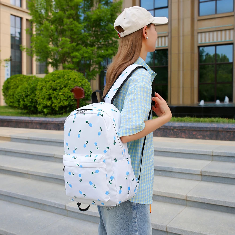 3Pcs Floral Backpack Set Teenagers Book Bag with Lunch Bag & Pen Case Simple Travel Backpack Large Capacity Travel Daypack