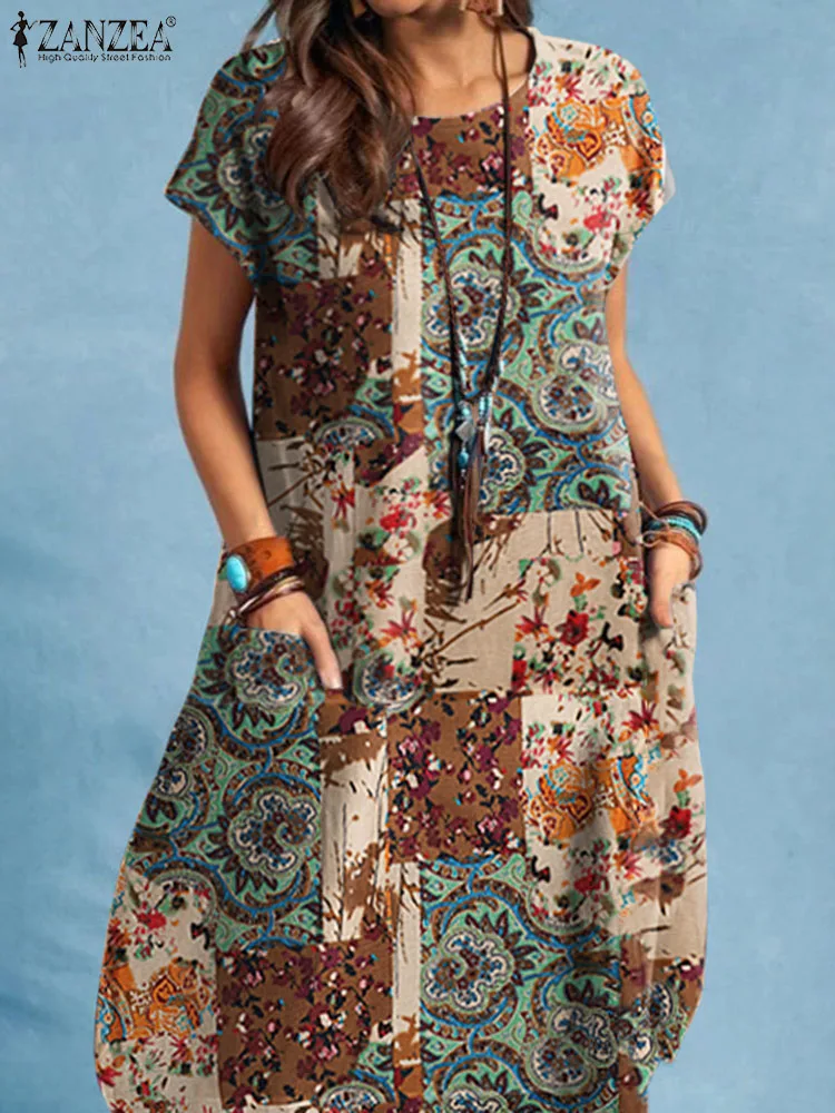 

Платье ZANZEA женское с цветочным принтом, повседневный праздничный модный Сарафан до колен, с коротким рукавом, с круглым вырезом и карманами, на лето