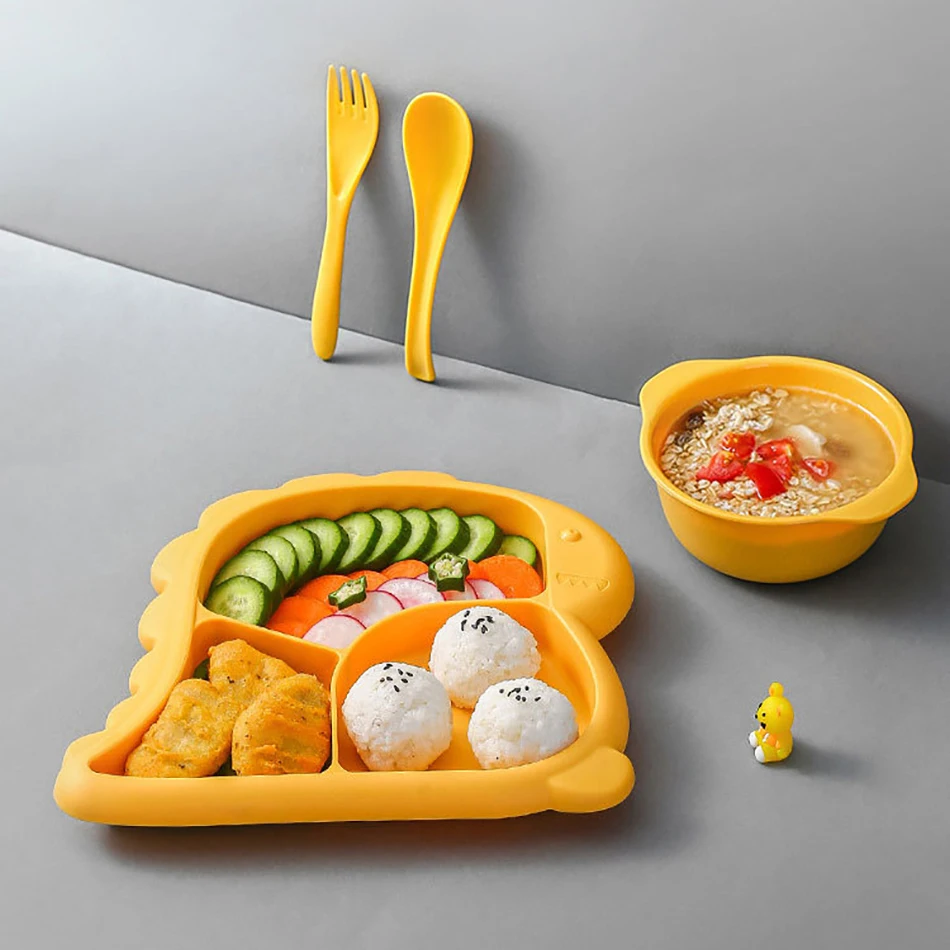 4 PCS Baby Bowls Plates Spoons Forks Food Tableware Set BPA Free Non-Silp Kid Dishes Dinosaur Food Feeding Bowl For Child