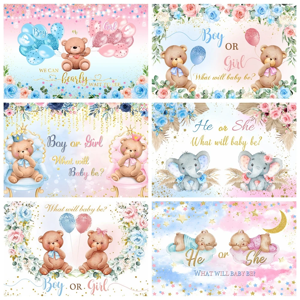 

Gender Reveal Backdrop Boy Or Girl He Or She Baby Shower Photography Background Blue Or Pink Elephant Bear Balloon Banner Props
