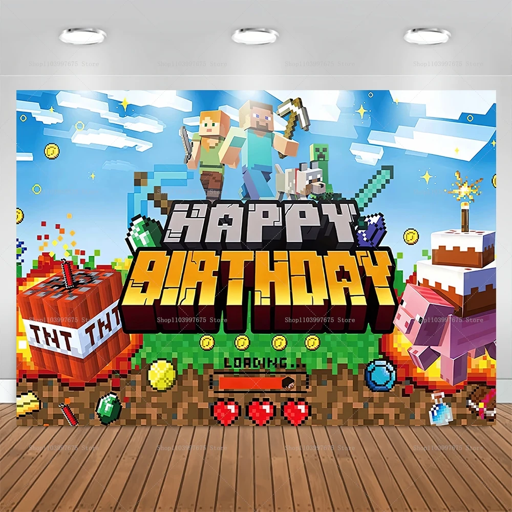 Description Picture 2 of itemBirthday Backdrop Pixel Background for Photography Boys Gaming Birthday Party Decor Supplies Baby Shower Banner Photo Studio