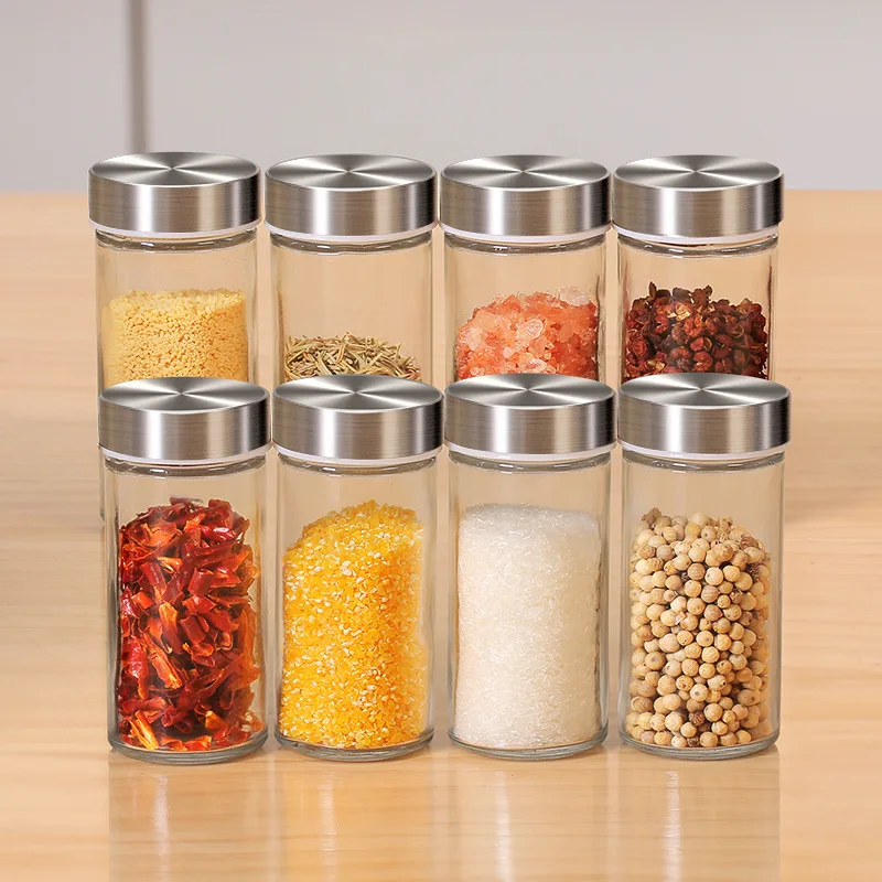 Stainless Steel Rotating Seasoning Rack Seasoning Jar Set Herb And Spice Tools Glass Spice Jar Condiments Shelf
