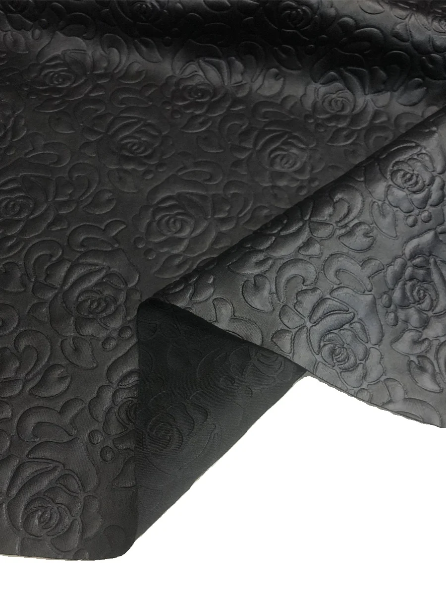 PU Imitation Leather Fabric Black Rose Embossing Coat Skirt Designer Cloth Apparel Sewing Diy Material