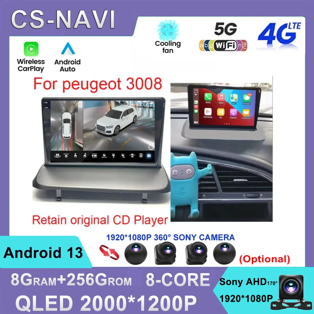 

For Peugeot 3008 2009 - 2015 Android 13 QLED Screen Car Radio Stereo Multimedia Player 2Din 8 128G Carplay Autoradio WIFI BT RDS