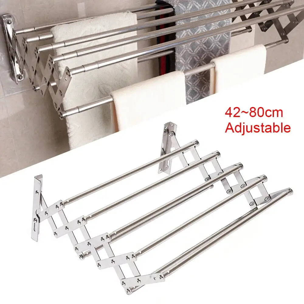 Stainless Steel Wall Mounted Laundry Drying Rack Length Adjustable 42~80cm Foldable Towel Holder Bathroom