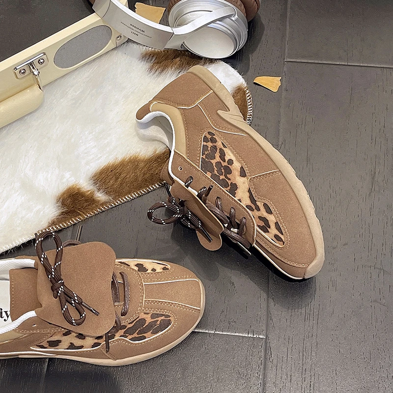 Leopard Brown Vintage Vulcanized Shoes Letter Printed Sports Falts Patchwork Lace-up Streetwear Sneakers Casual Shoes For Women 5