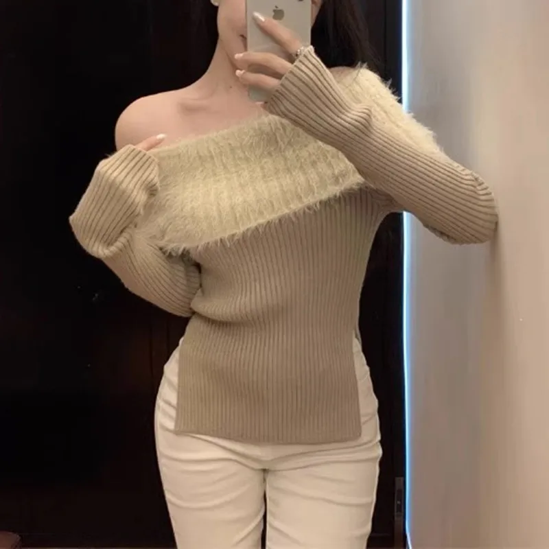 Autumn and Winter New Women's Long-sleeved Fleece Shoulder-knitted Sweater Sexy Casual Slim-fit Knitted Top