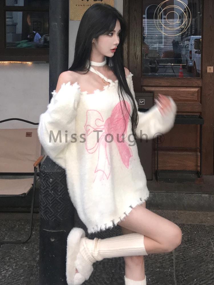 Autumn Kawaii Knitted Pullovers Women Print Sweet Loose Knitted Sweater Female Warm Korean Fashion Casual Pullover Tops 2023
