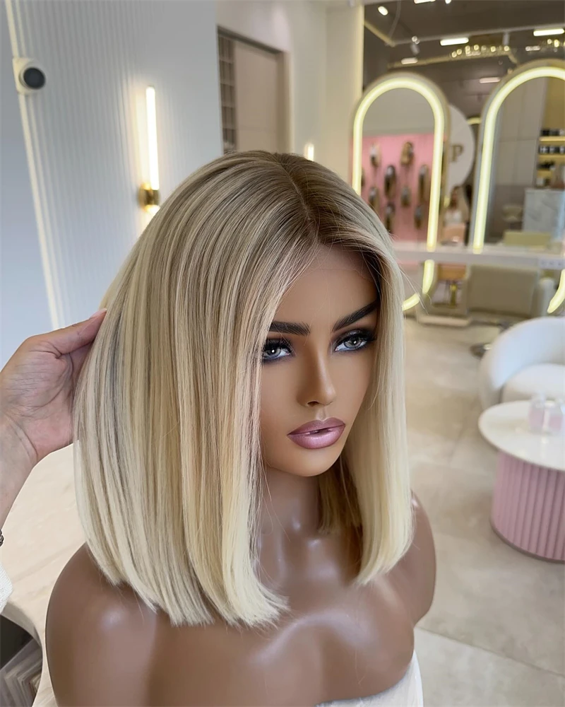 Synthetic Wigs Ash Roots Ombre Blonde Short Straight For Lady Girl Women Cosplay High Temperature Natural Fake Hair
