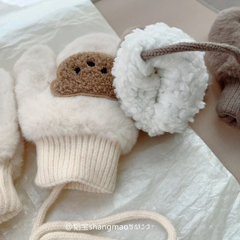 Korean Kids Gloves Winter Cartoon Bear Boys Girls Mittens Halterneck Plush Baby Wholesale