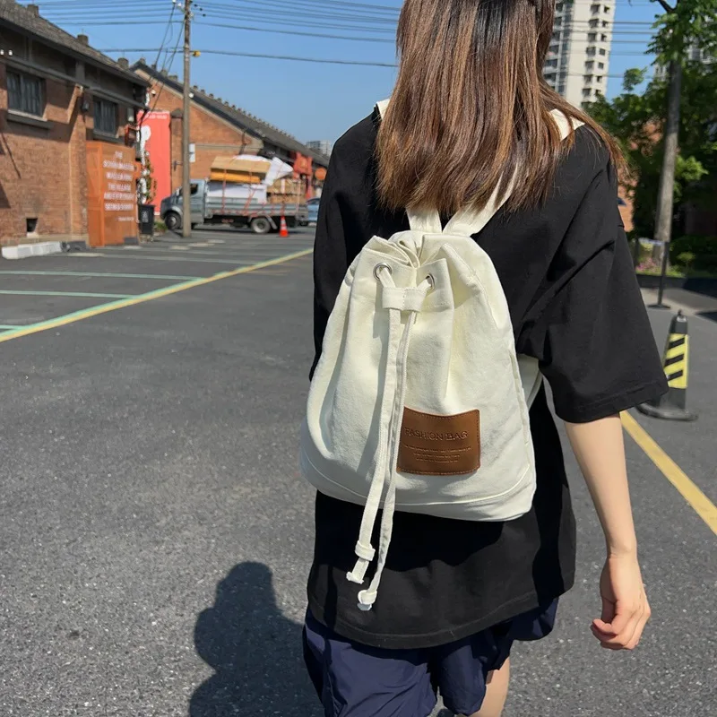 Women's Shoulder Bag 2024 New Drawstring Canvas Bag Solid Color Simple Commuting Large Capacity Fashion Backpack