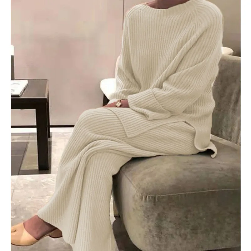 

Women's Solid Long Sleeve Sweater Casual Knitted Pants Sets New Autumn & Winter Fashion Loose Two Piece Suit Outfits for Women