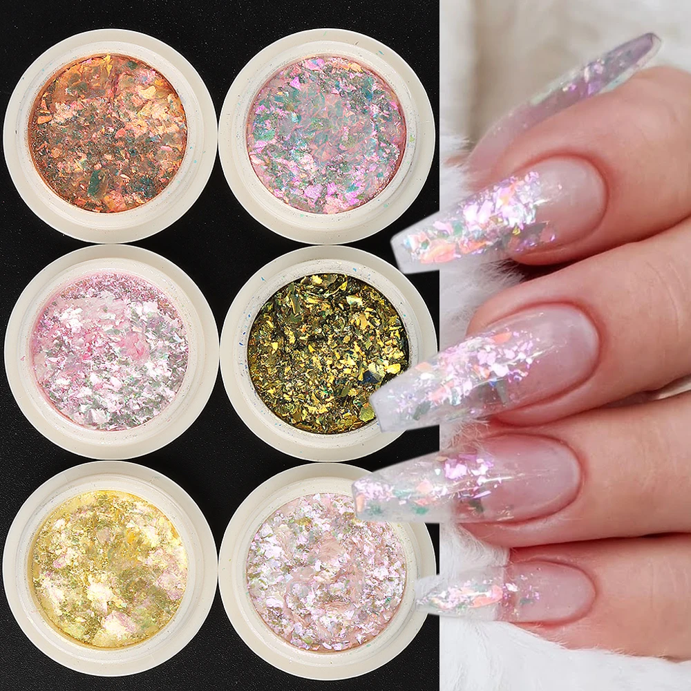 Pink Opal Nail Flakes Iridescente Glitter Aurora Chrome Powder Fogli D'Oro Per Unghie Chameleon Pigment Manicure Paillette Lebb-Onb